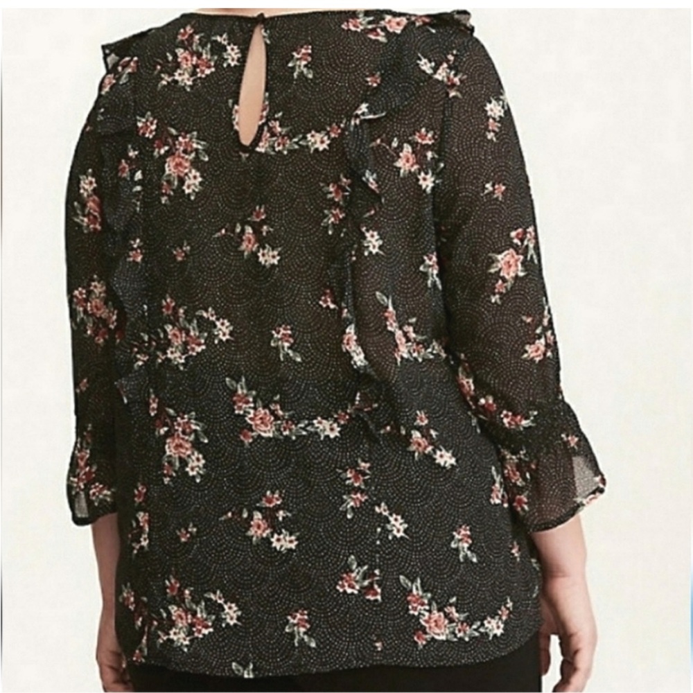 Torrid Black Floral Polka Dot Print Ruffles & Bell Sleeve Top Size 0/12 - Picture 2 of 9